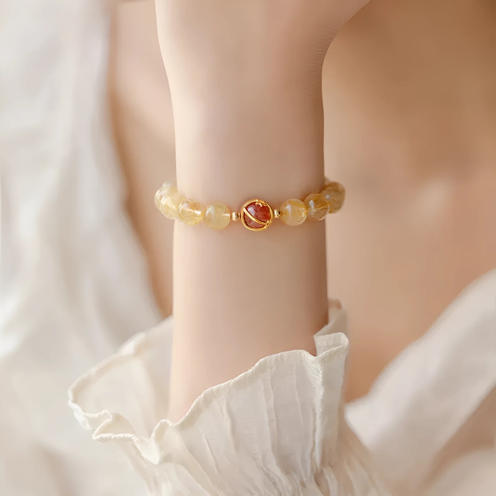 Natural gold rutilated quartz crystal bracelet with diamond cut beads, 6mm and 8mm sizes, unisex design