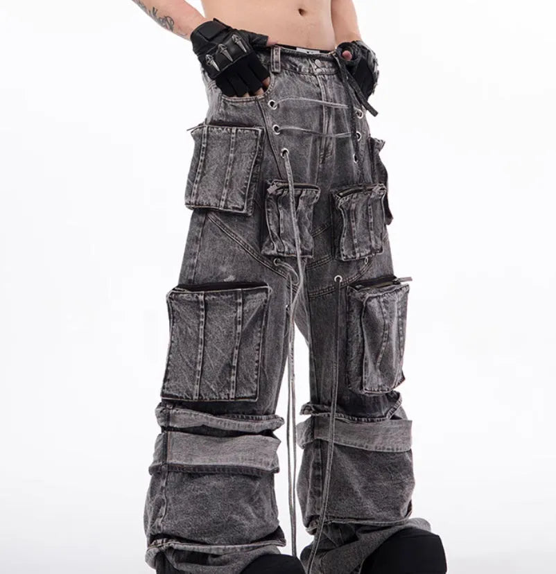 American-style distressed overalls rope stitching mop pants in grey cotton denim