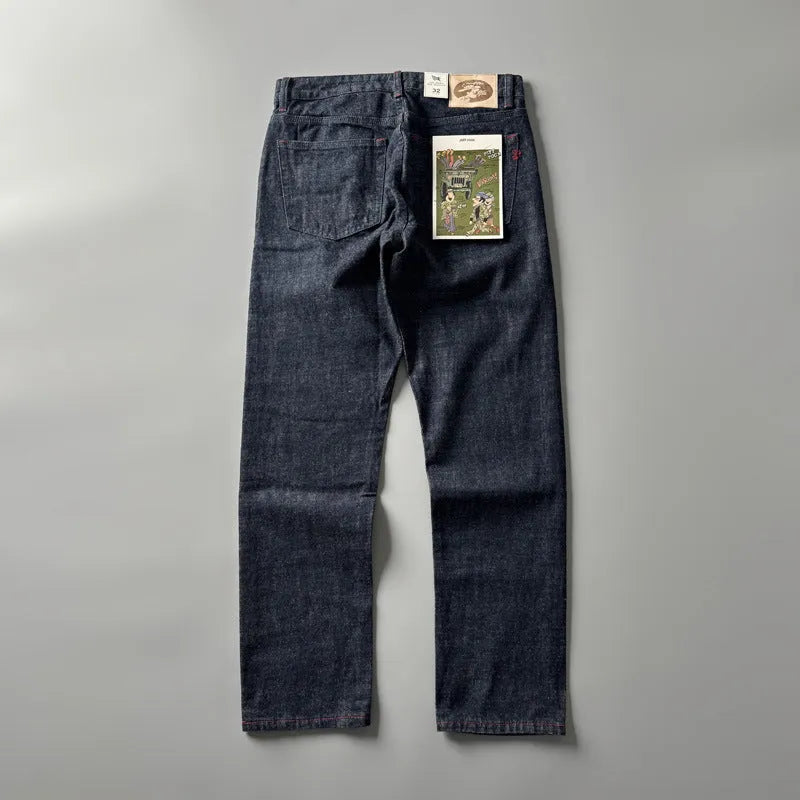 Men's primary colour straight leg denim trousers on a mid-waist fit model, showing American retro style.
