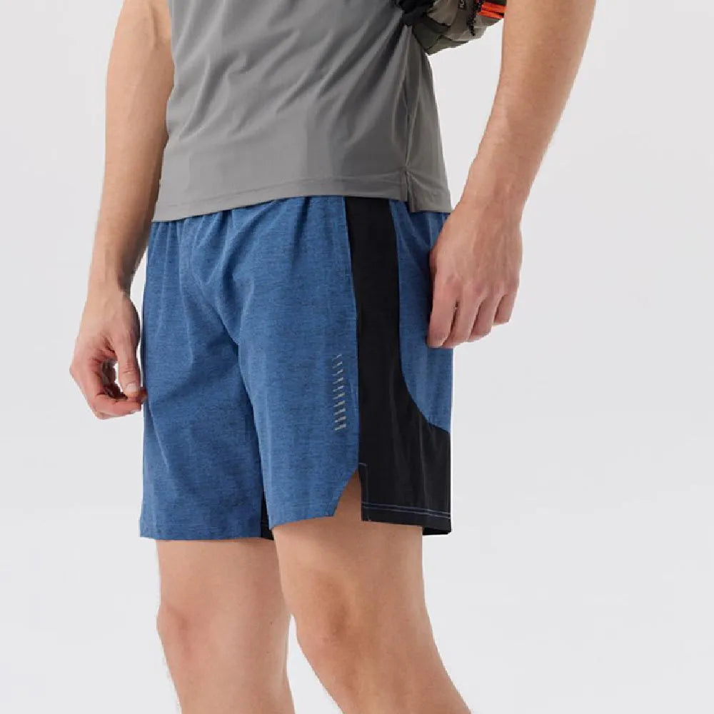 Men's forest green spandex five-point casual shorts laid flat, showing mid-waist design.