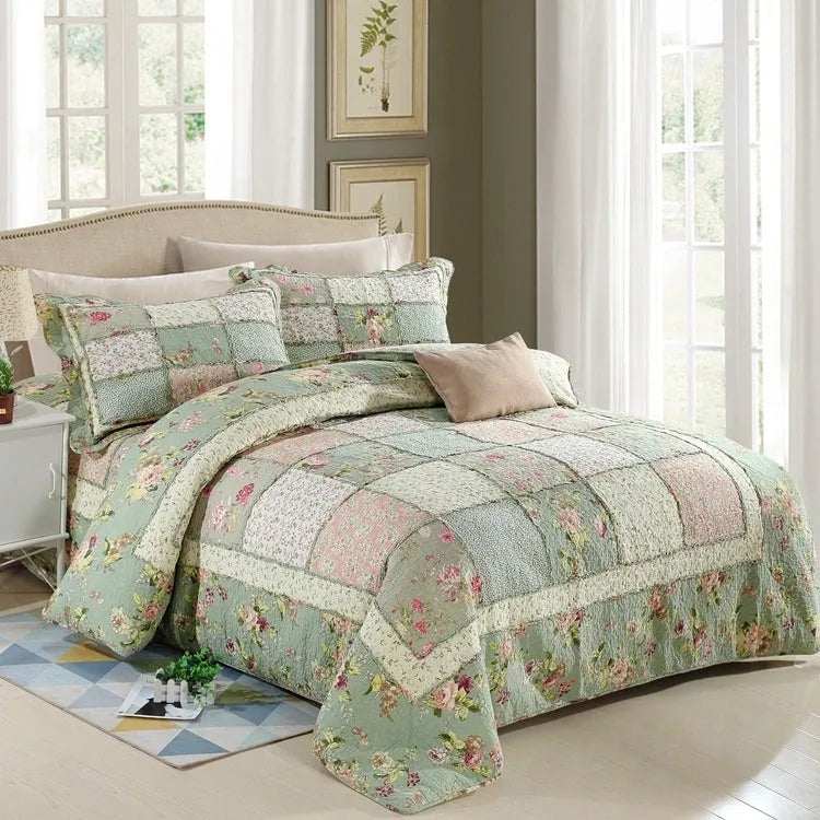 Pure cotton quilted bedspread three-piece set showing bed cover and pillowcases in a chosen colour pattern.