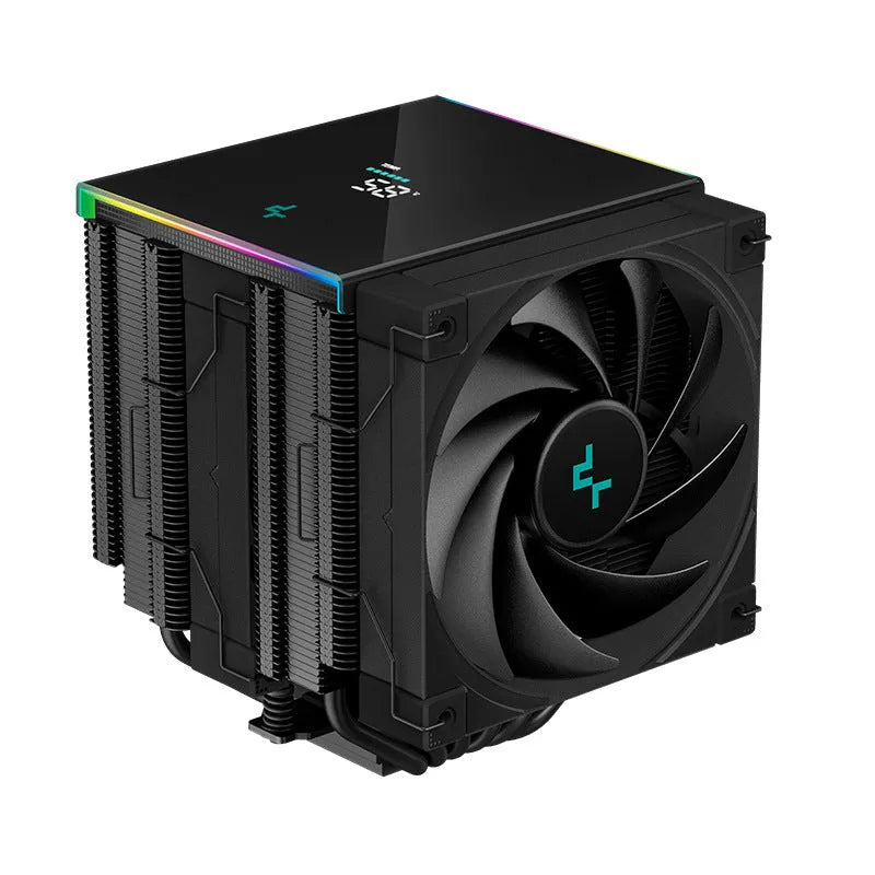 Black CPU air-cooled tower heatsink with digital temperature display showing temperature reading