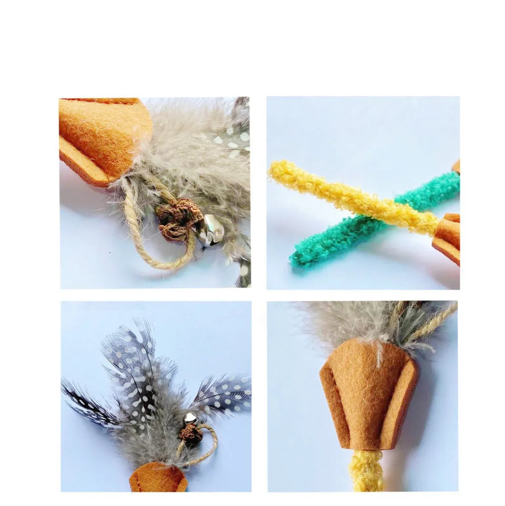 Two polygonum wood cat molar sticks with gall fruit, one green and one yellow, on a neutral background