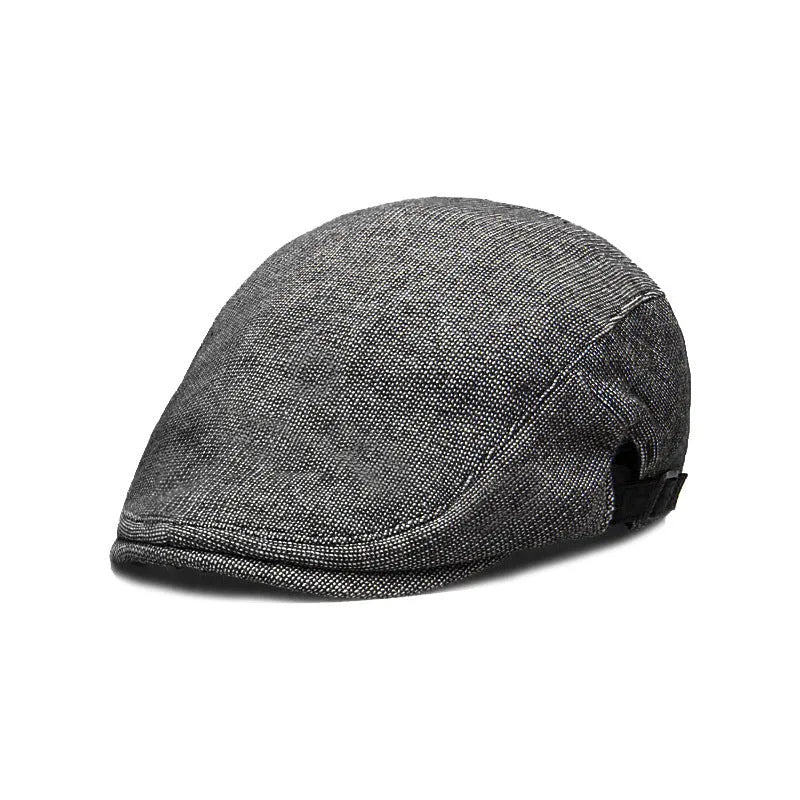Men's cotton linen breathable beret pure colour dome crown cap in dark gray free size adjustable