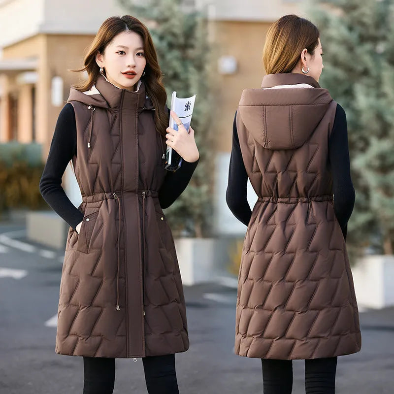 Women's loose fit down vest in solid colour with polyester padding, available in black, beige, coffee, khaki, sizes M to XXL