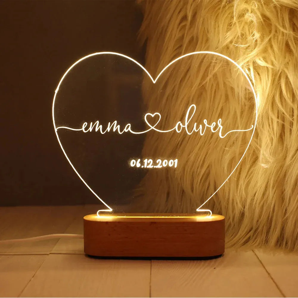 Custom names and date LED night light on transparent 20cm acrylic panel with USB power