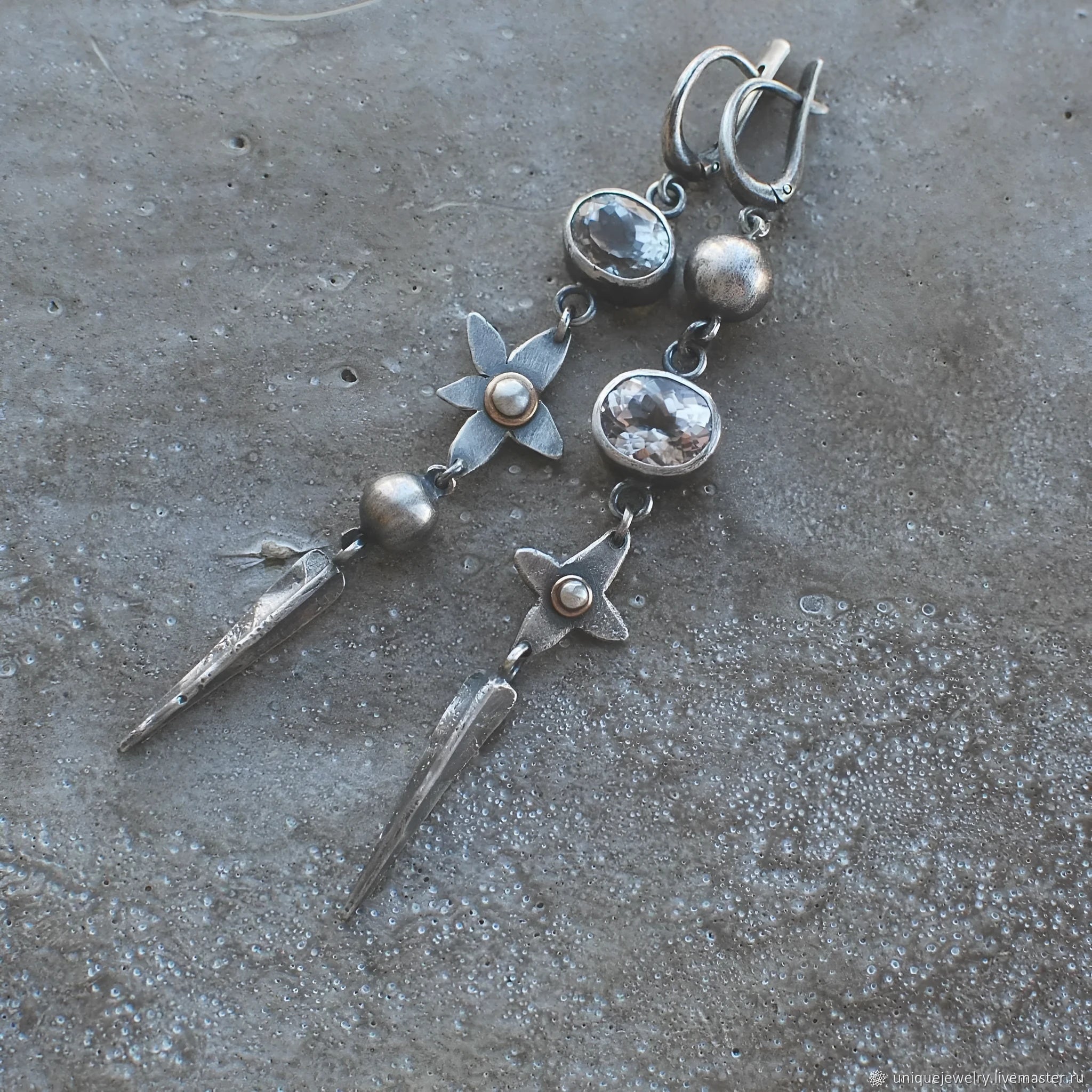 Hesheng antique silver geometric XINGX pendant earrings with rhinestone detailing and long drop design