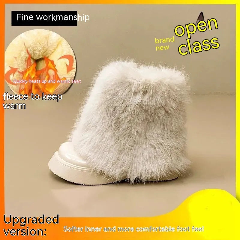 Women's low-top snow boots with artificial plush uppers, waterproof rubber soles, available in black and white colours