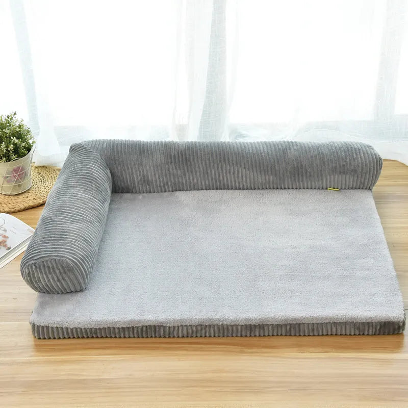 Corduroy pet dog sofa bed with non-slip base in a neutral colour on a wooden floor