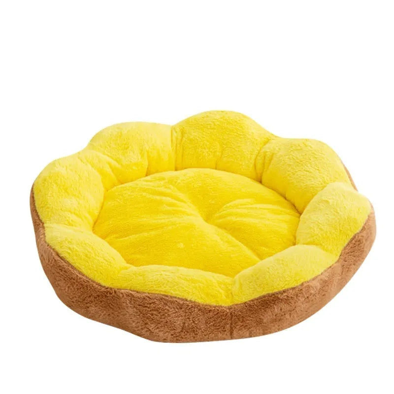 Round rabbit plush cat bed with detachable cover in yellow brown colour on grey background