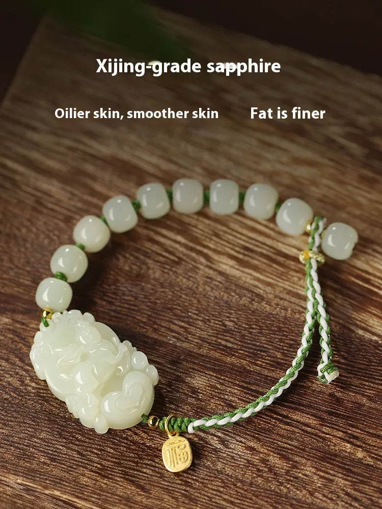 Year of Rabbit Hetian jade bunny bracelet with S925 silver blessing card on red ice cotton rope