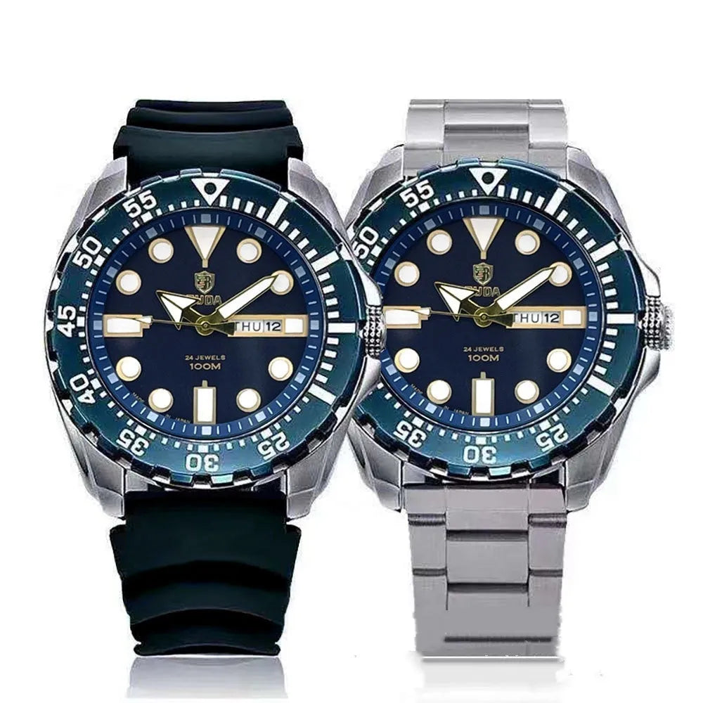 Waterproof luminous quartz men's watch with steel strap and blue dial, 15mm case thickness