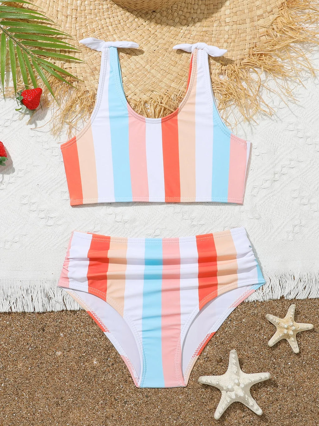 Girls printed plaid pattern seaside vacation swimsuit in brief style with polyester lining, available in multiple sizes