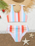 Girls printed plaid pattern seaside vacation swimsuit in brief style with polyester lining, available in multiple sizes