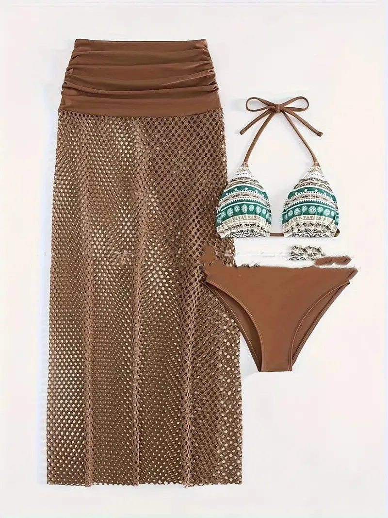 Women's brown gradient fishnet long skirt bikini three-piece set on a mannequin.