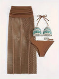 Women's brown gradient fishnet long skirt bikini three-piece set on a mannequin.