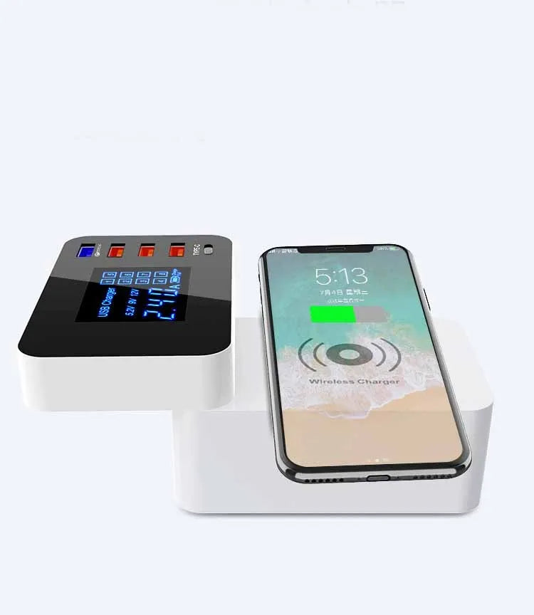 White multi USB wireless charger 10W with PC flame retardant body and EU UK US adapters