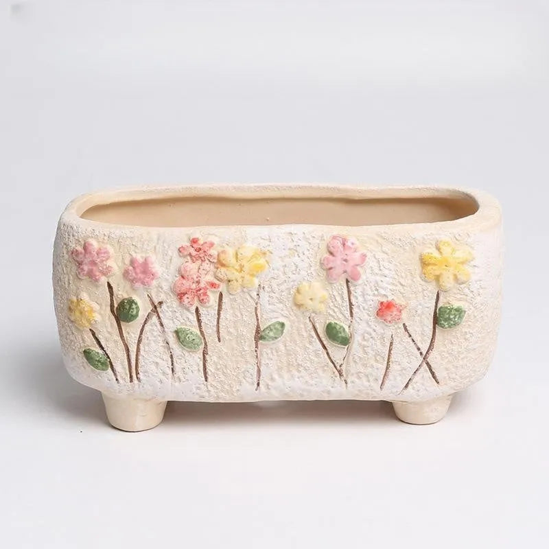 Rectangular hand-painted ceramic flower pot for succulent bonsai, 13.7x6.2x6.5cm