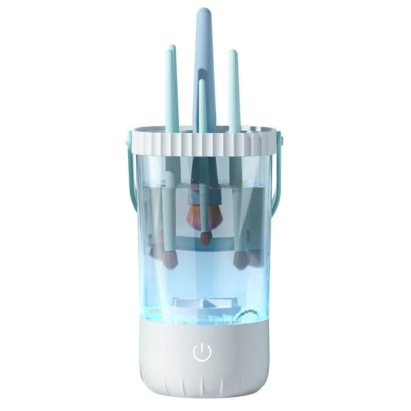 White rechargeable electric makeup brush cleaning station with automatic sanitising function