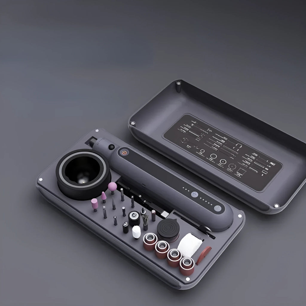 Mini electric grinder set with lithium battery and five-speed control for carving and polishing.