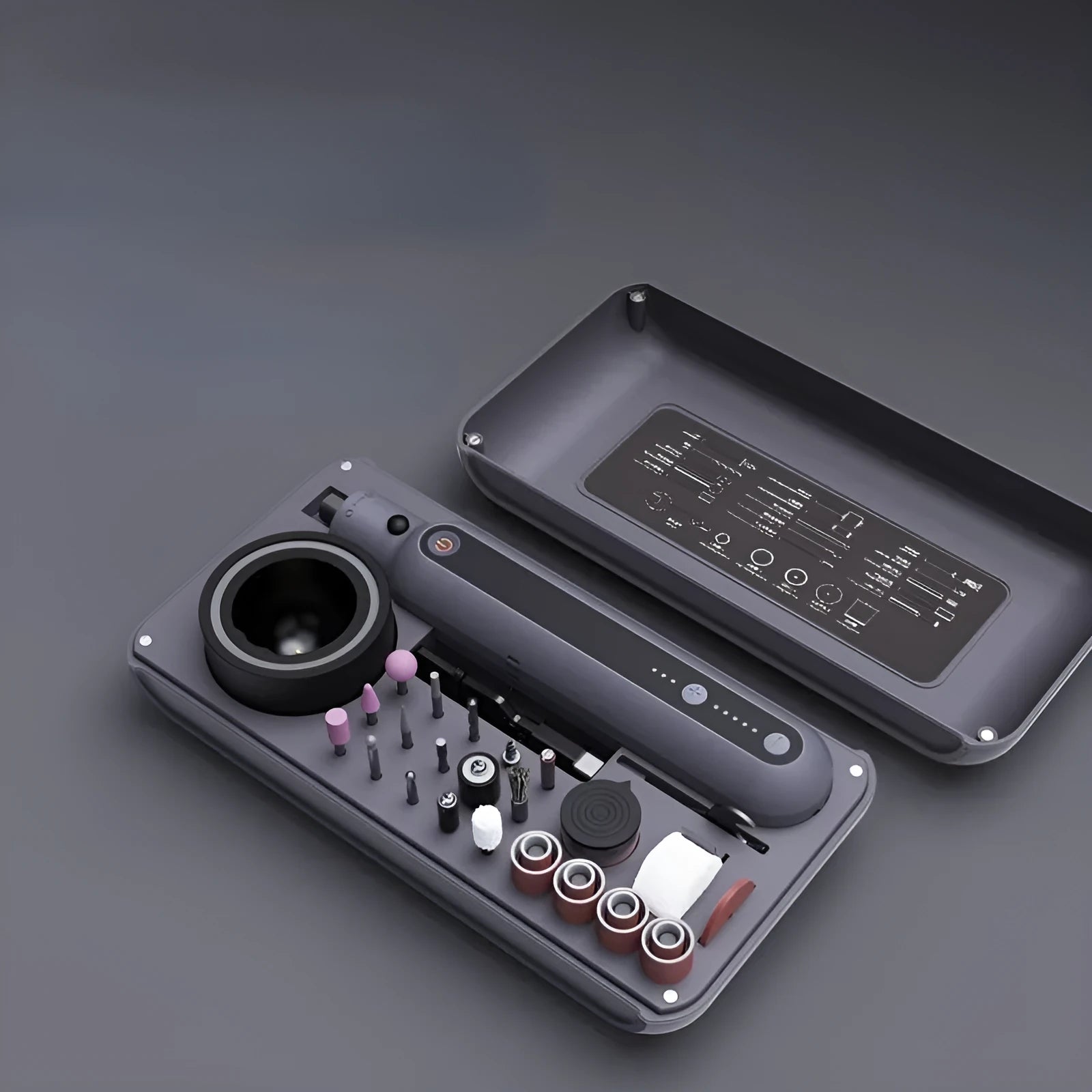 Mini electric grinder set with lithium battery and five-speed control for carving and polishing.