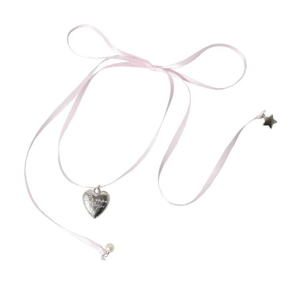Women's alloy ribbon love pendant fashion necklace on a clavicle chain, available in 33 colours.