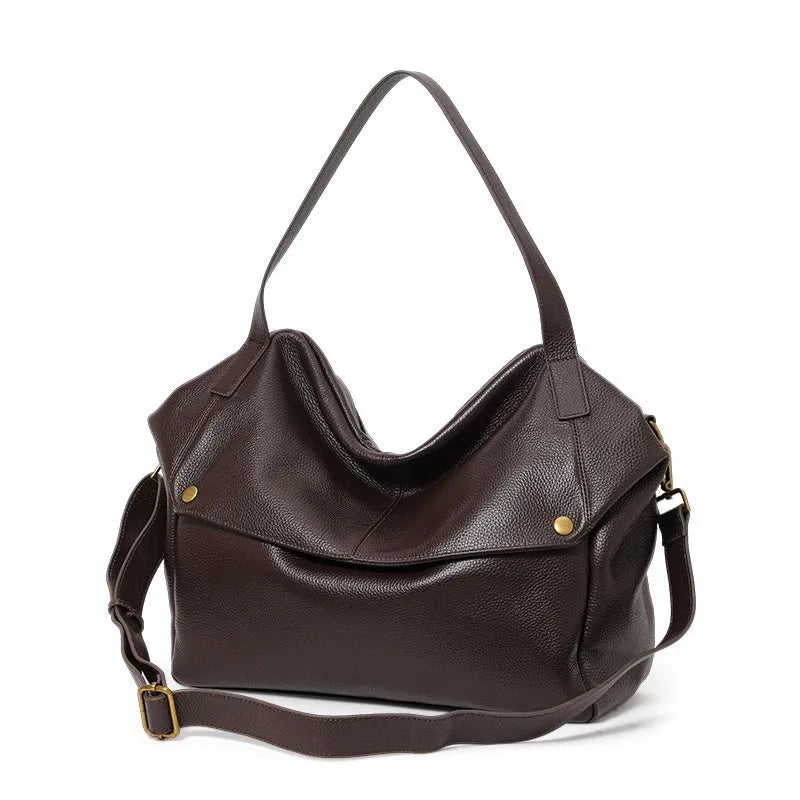 Brown genuine leather women's shoulder bag with horizontal square shape and zippered internal pocket
