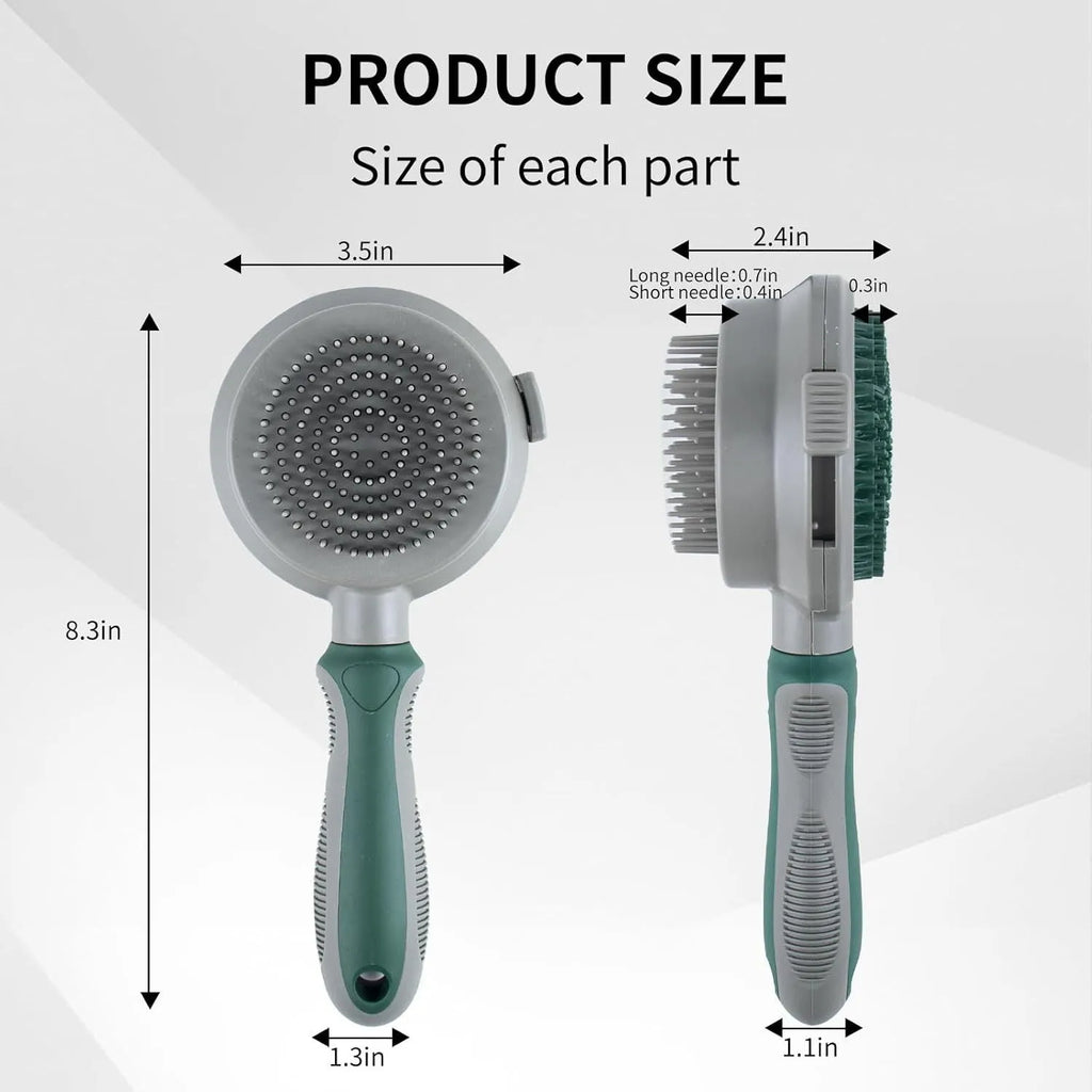 Green dual-sided pet grooming brush showing retractable slicker brush on one side and silicone massage head on other side