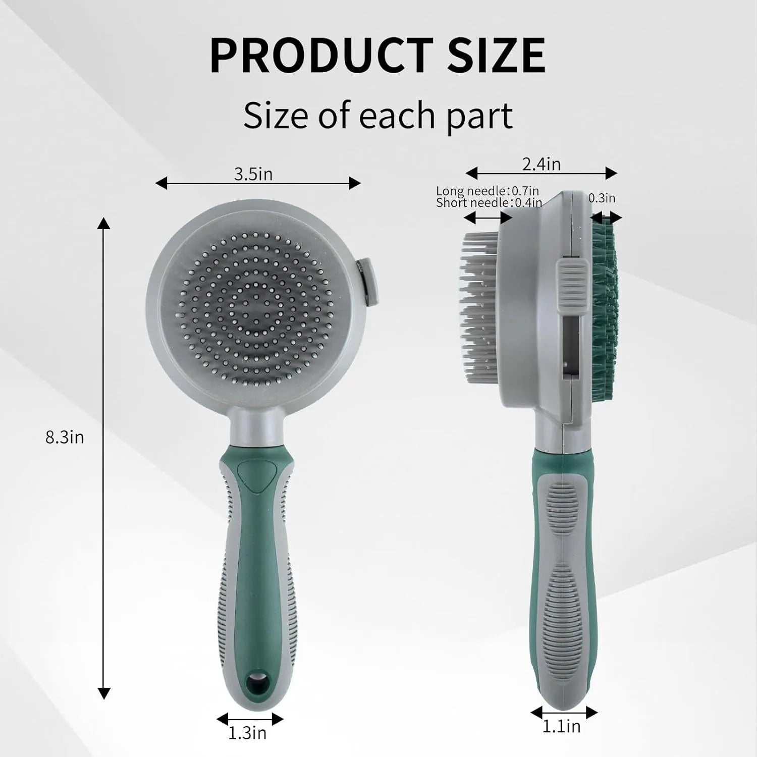 Green dual-sided pet grooming brush showing retractable slicker brush on one side and silicone massage head on other side