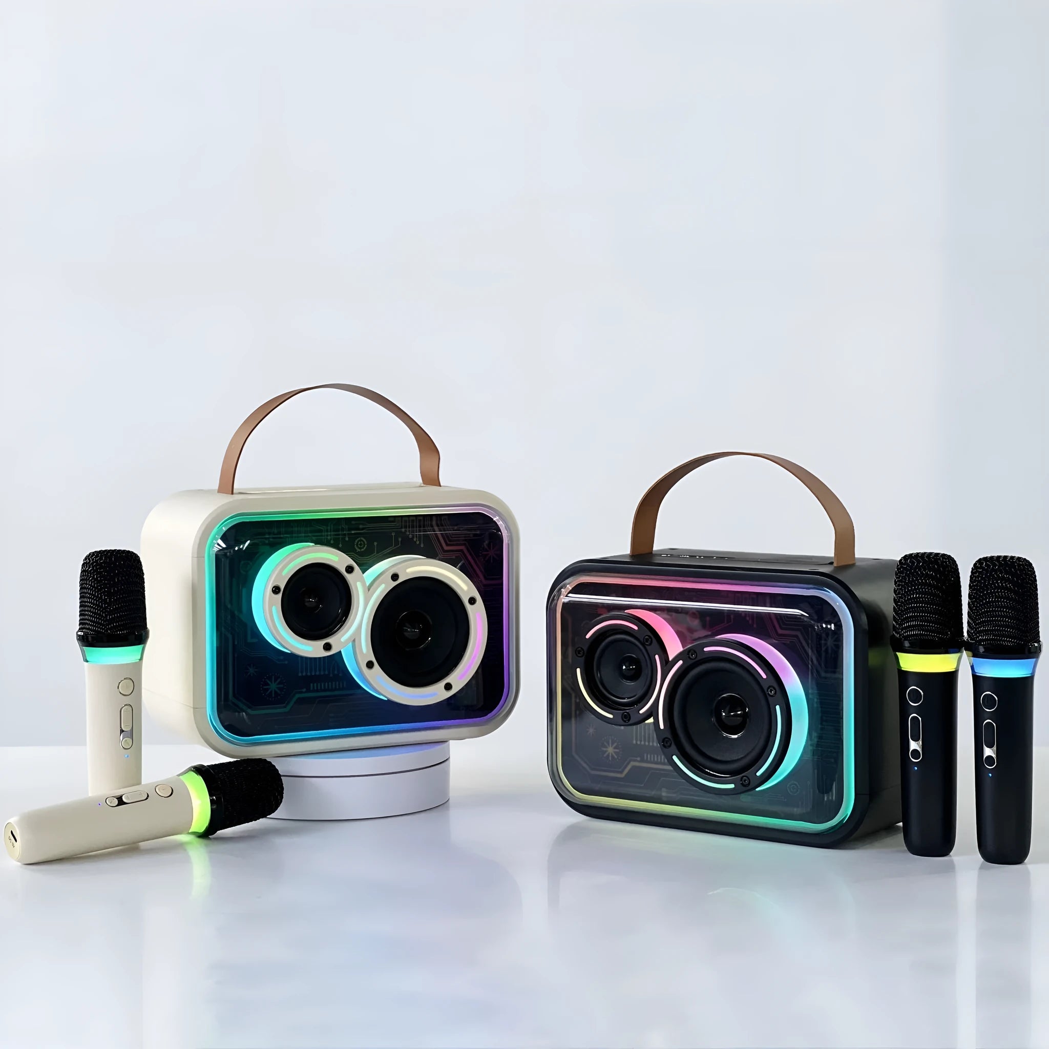 Portable Bluetooth karaoke speaker with RGB lights, black finish, showing speaker grille and control panel