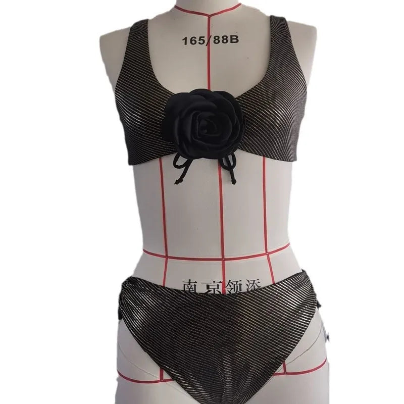 Black 3D stereo triangle swimsuit top for women, polyester, sleeveless, beach swimwear