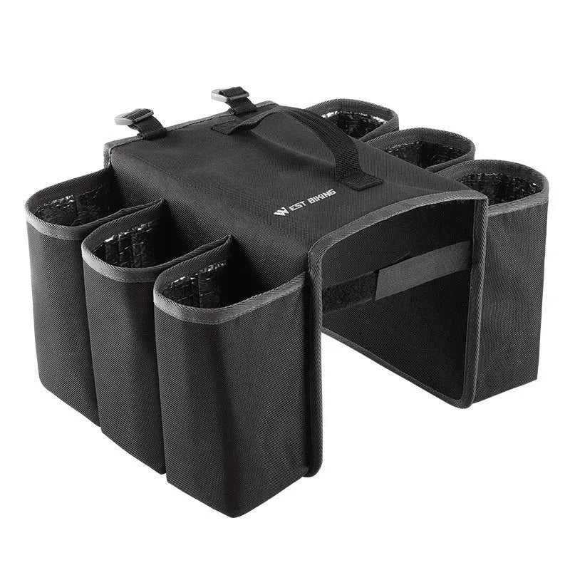 Black and blue orange bicycle double-sided shelf bag with 2 litre capacity mounted on bike