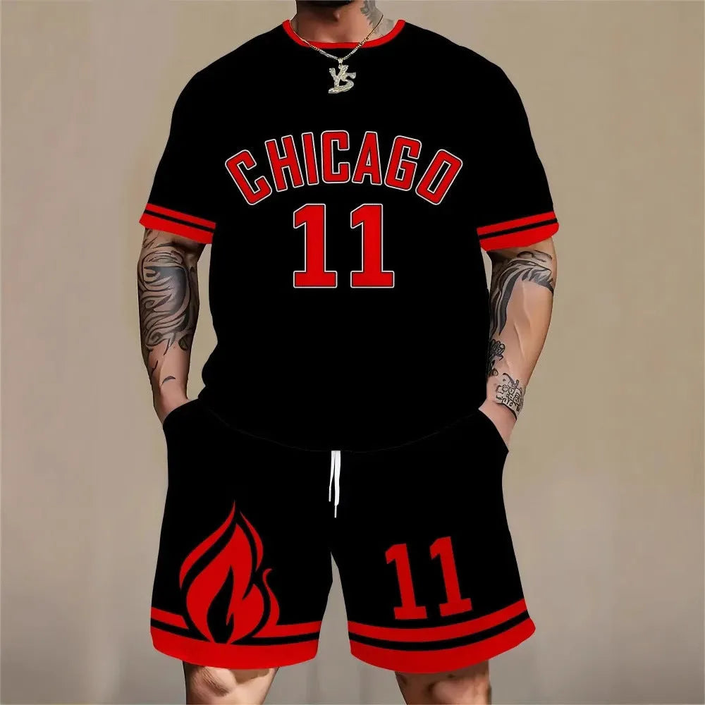 Men's 3D printing graphic suit with short sleeve top and shorts in polyester fibre fabric