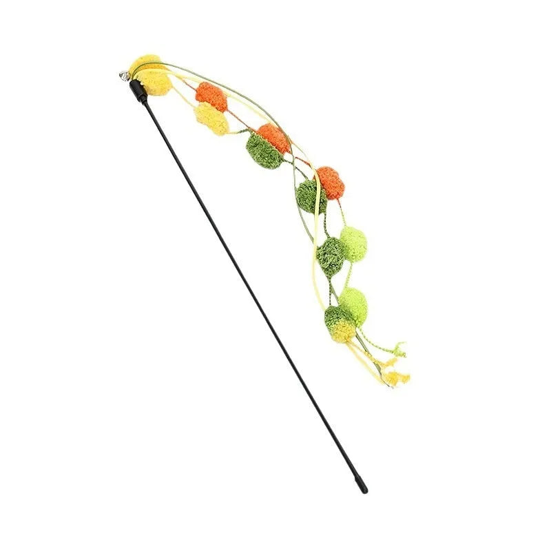 Rainbow cotton candy cat teaser with tassel and bell on lengthening bar, bite-resistant plush toy for indoor play