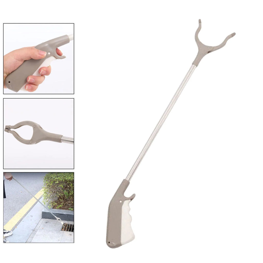 40cm stainless steel garbage picker tool with push-operation handle and non-slip gripper jaws