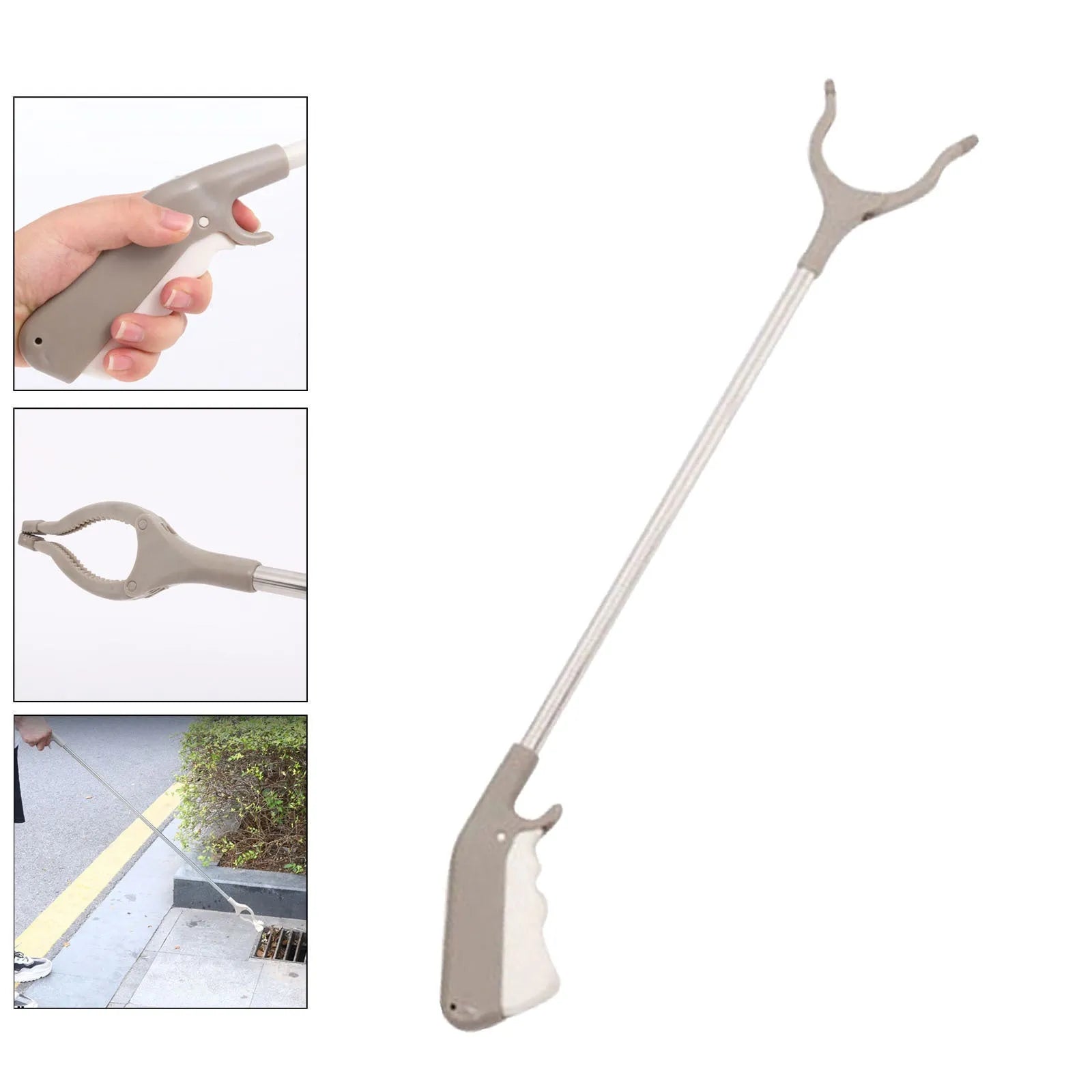 40cm stainless steel garbage picker tool with push-operation handle and non-slip gripper jaws