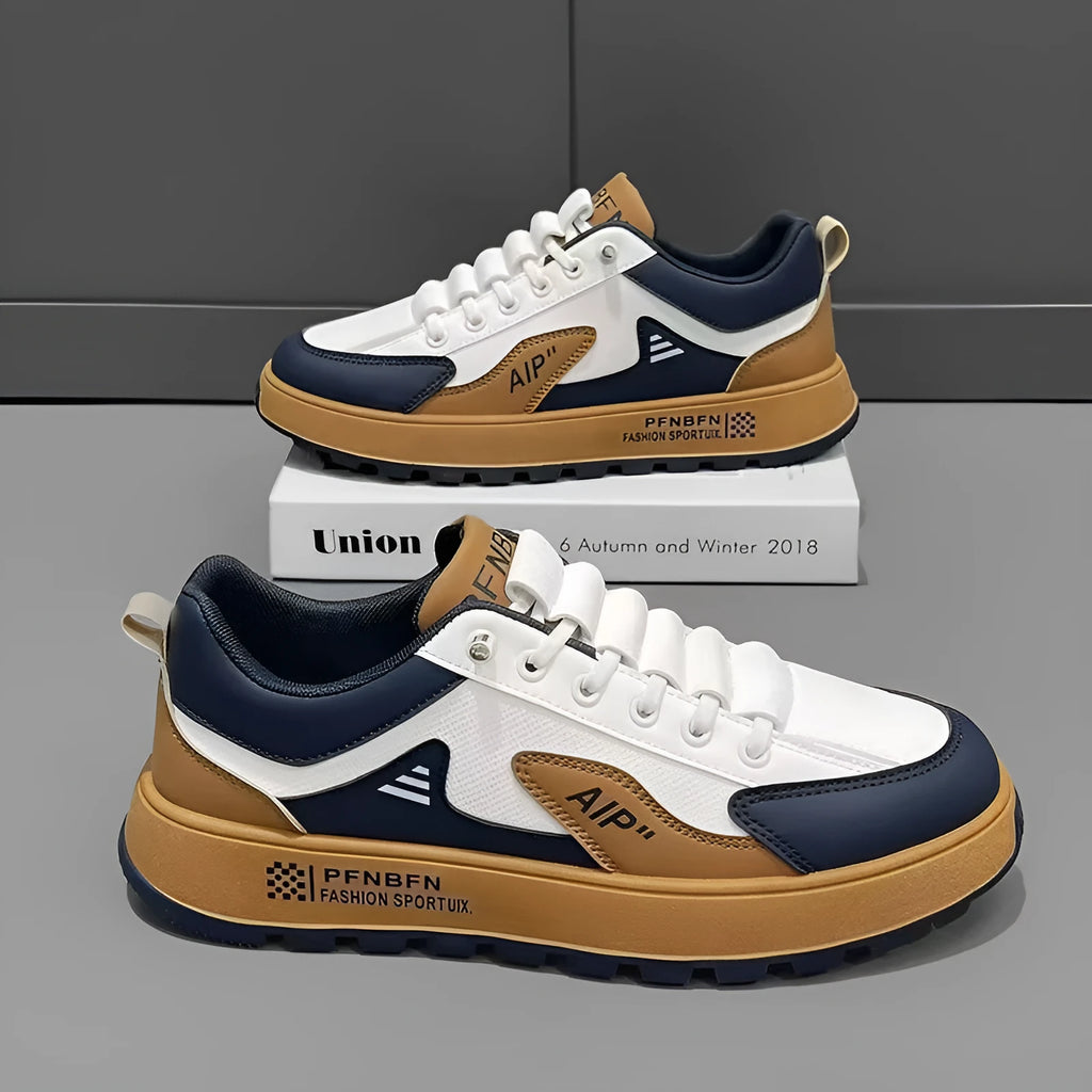 Men's casual shoes in white with black, brown or orange accents, round toe design, artificial PU upper