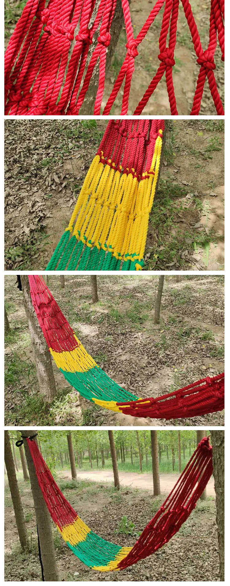 Nylon rope mesh hammock shown outdoors with dimensions 1.1m wide by 2.1m long