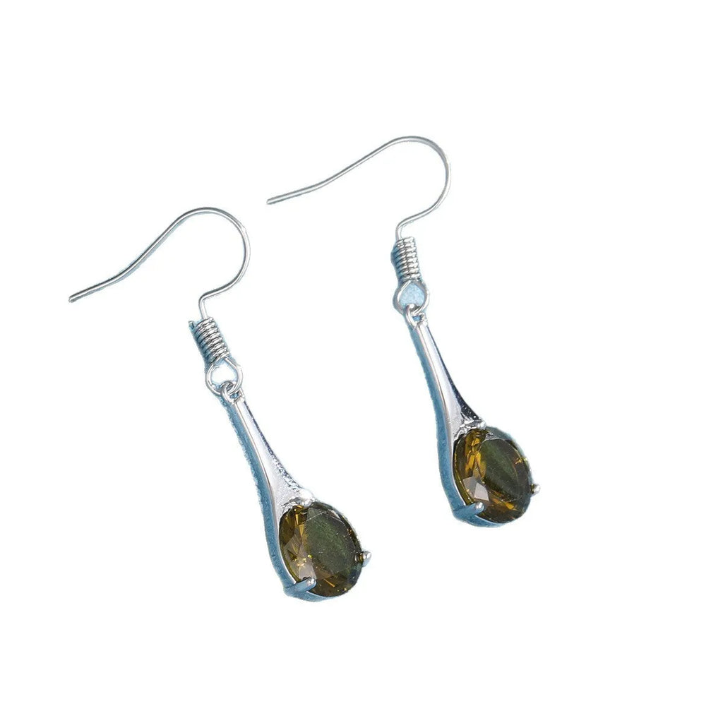 Olive green topaz alloy earrings with water drop shape and electroplated finish