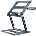 Silver adjustable aluminum laptop stand with laptop on desk at 340mm height