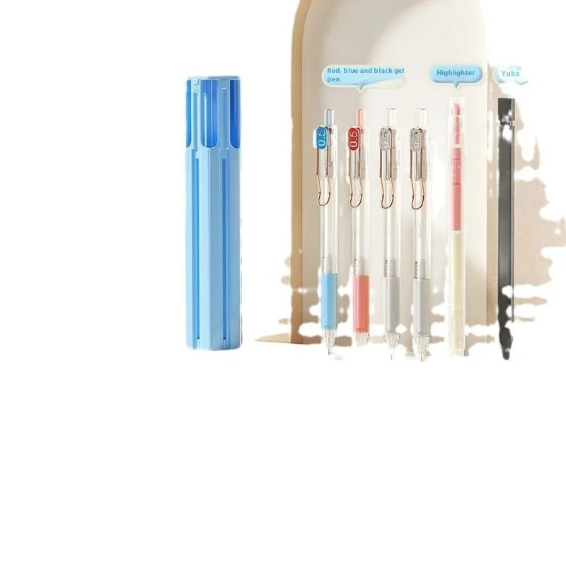 Plastic six pens pencil case with press closure in Sky Blue, Vigorous White, or Girl Pink colours