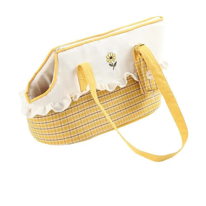 Shoulder cat bag pet carrier in green with cartoon pattern and short plush material