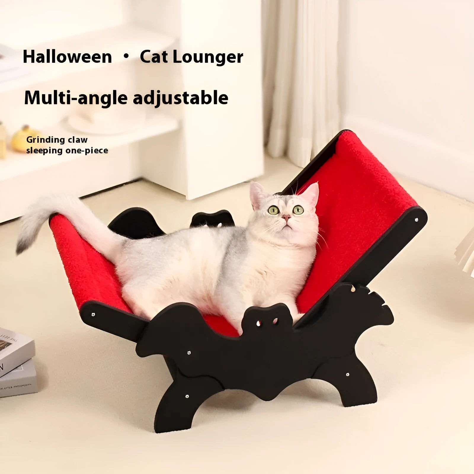 Wooden cat recliner bed in black and red Halloween colours, product specification MW-054