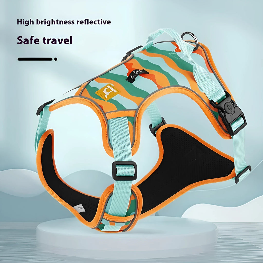Orange dog chest and back harness with reflective strips and an integrated hand-holding rope.