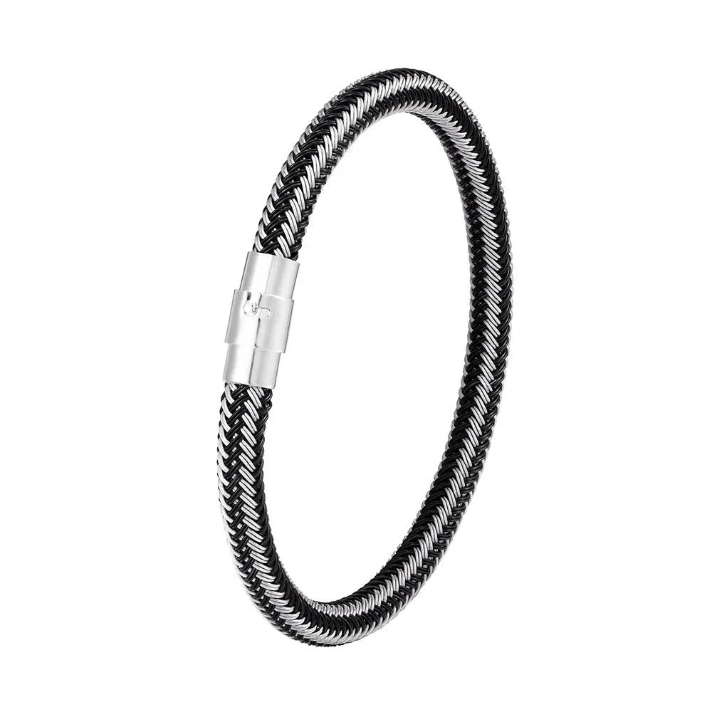 Geometric titanium steel bracelet with magnetic clasp shown in silver tone.