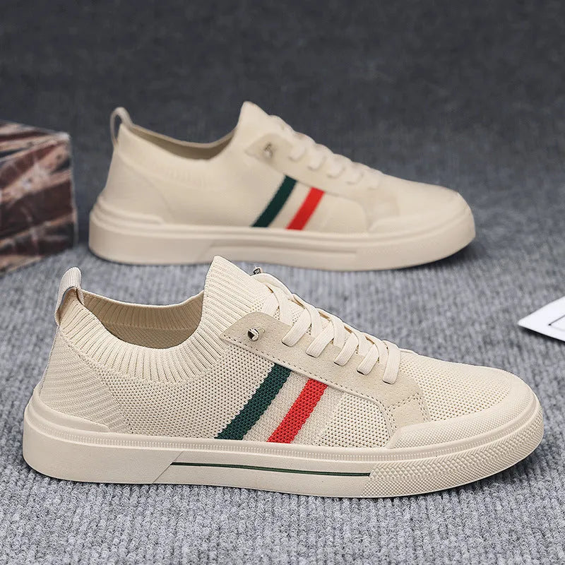 Breathable thin knitted mesh men's casual sneakers in beige with flat rubber sole and elastic band closure