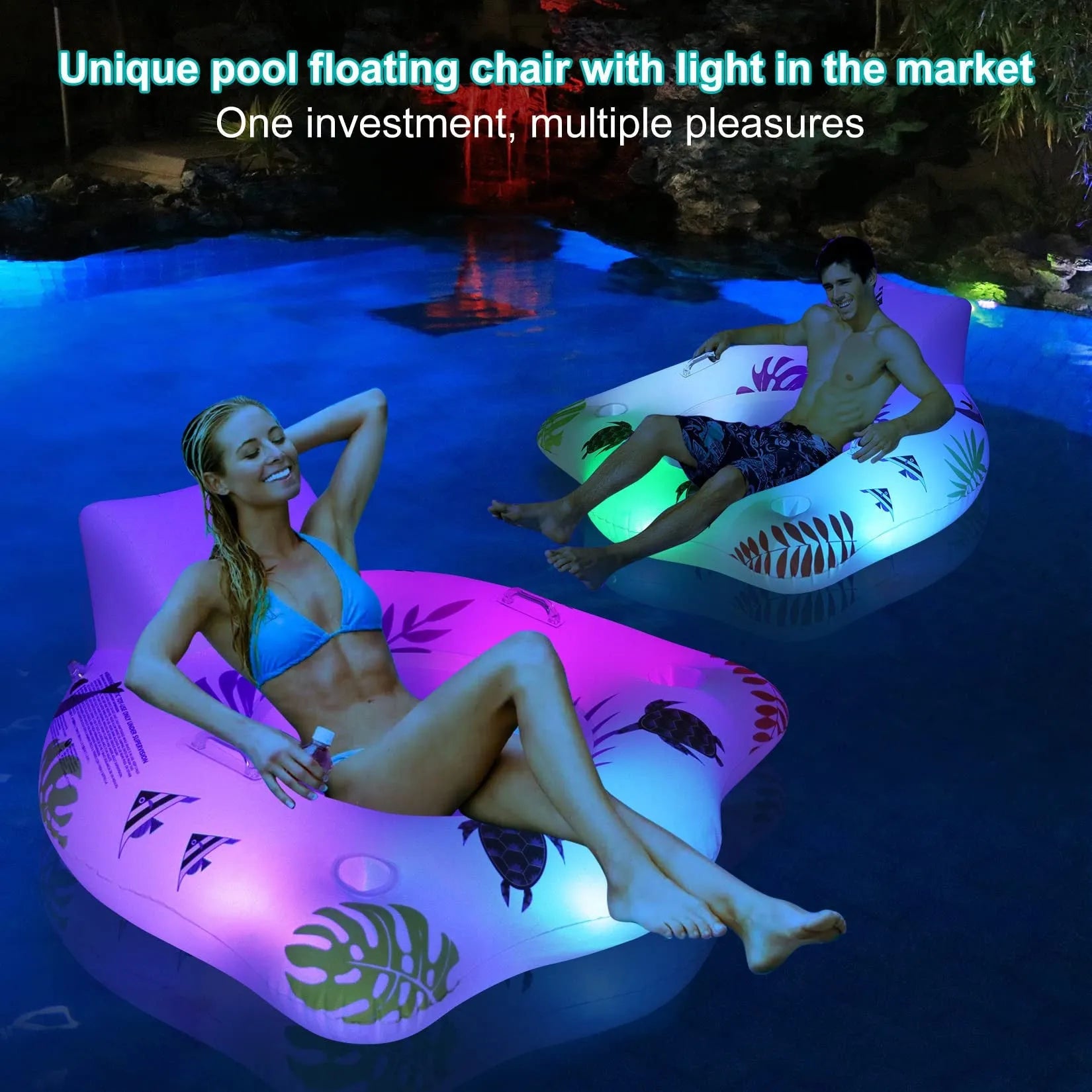 White luminous U-shaped inflatable float showing 120cm dimensions and seat design