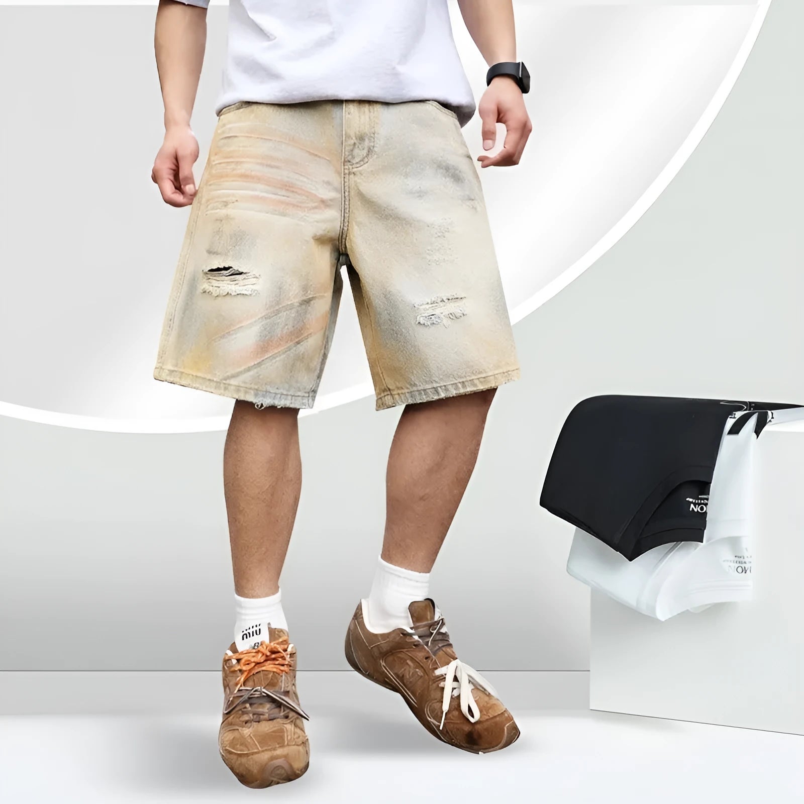 Men's light blue washed ripped straight-leg denim shorts on model front view