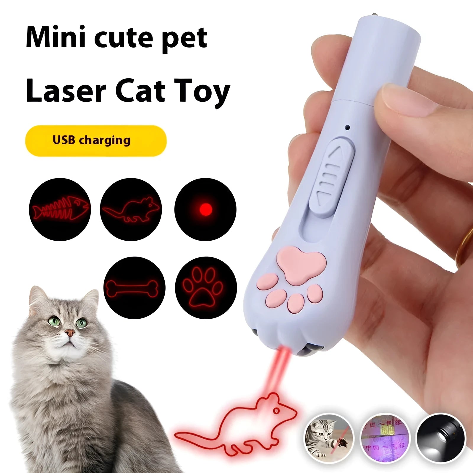 Infrared cat teasing stick with multiple laser patterns and moon-light function in four colour options