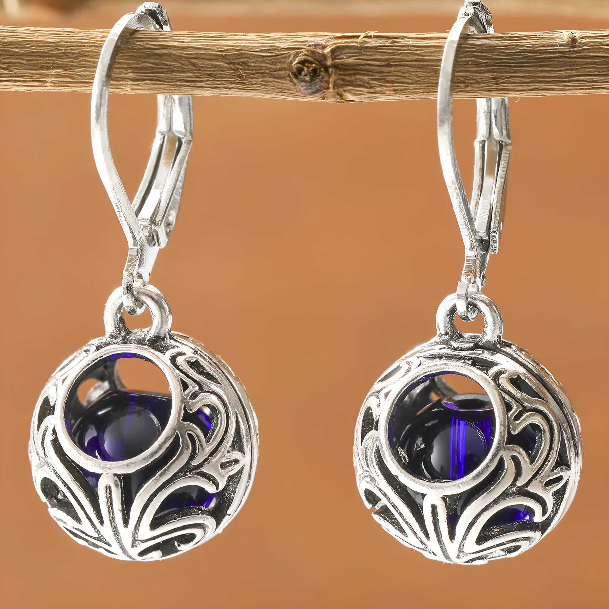 Vintage engraving hollow blue gemstone pendant earrings in silver-tone zinc alloy for women